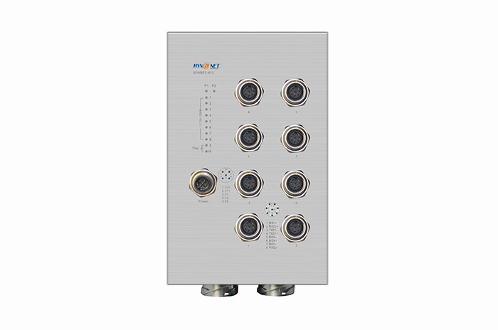 IS1008F2-8P-M12 8-port Gigabit M12 interface + 2-port Gigabit DH24 LC fiber optic port, shockproof industrial PoE switch